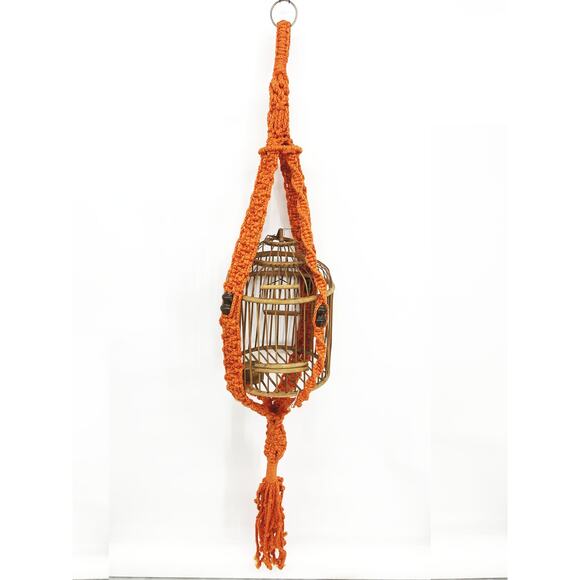 Vintage 70s Large Orange Macramé Brown Wood Beads Plant Hanger 64" - Picture 3 of 4